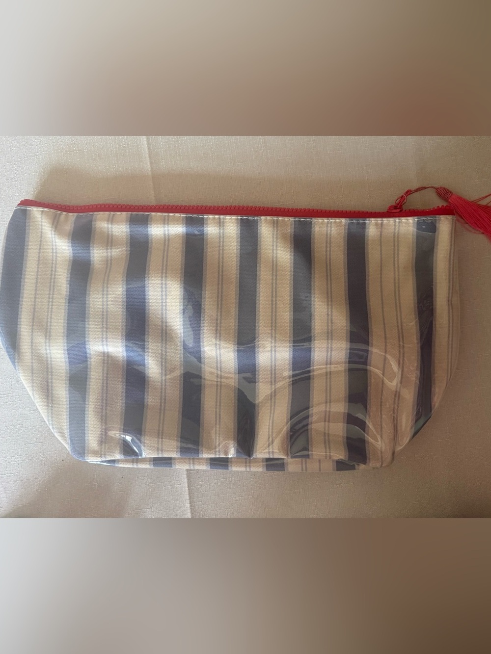 Dairy Boy Striped Blue and White Cosmetic Pouch with Pink